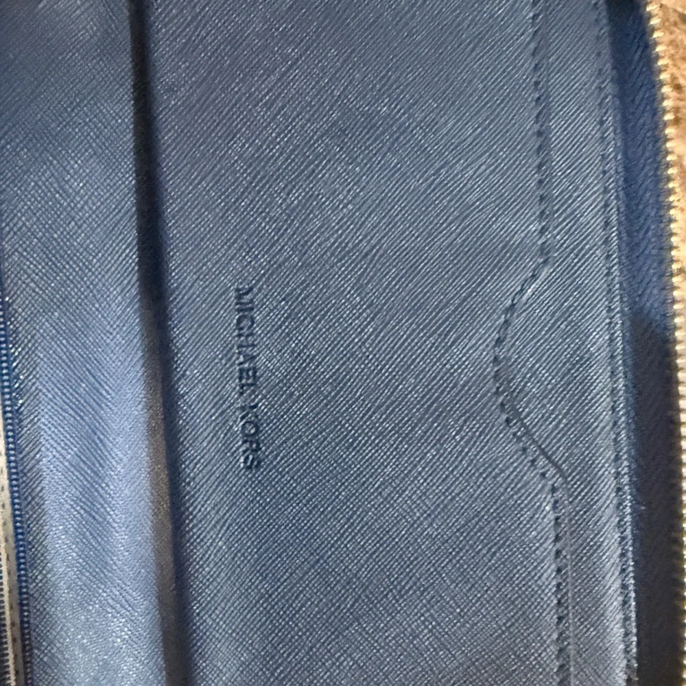 Michael Kors Dark Blue Pebbled Leather Zip Wallet with Gold MK Emblem